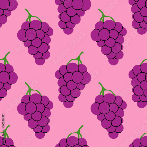 Colorful pattern of purple grapes on a soft pink background featuring playful fruity design elements