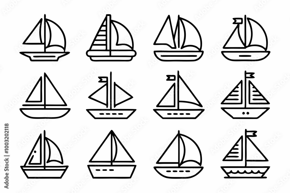 Sailboat icons set line art, stock vector, boat logo silhouette black isolated vector art illustration Sailboat icons set line art, stock vector, boat logo silhouette black isolated vector art illustration