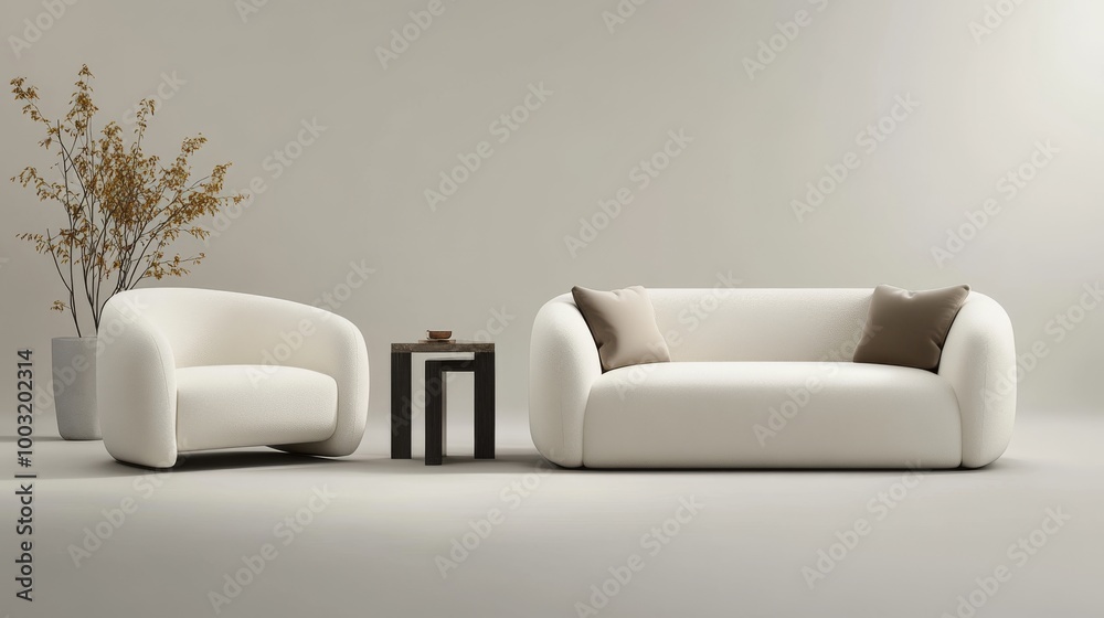 Naklejka premium A simple, modern sofa and armchair in a minimalist style, similar to Muji's designs. This is a 3D rendering.