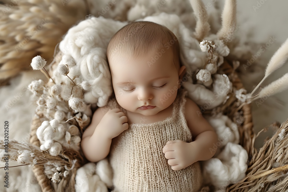 A serene newborn resting peacefully in a cozy basket surrounded by soft textures. Generative AI A serene newborn resting peacefully in a cozy basket surrounded by soft textures. Generative AI