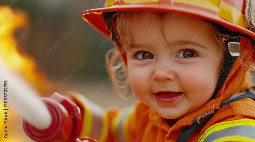 A little girl in a fireman's outfit holding onto the hose, AI A little girl in a fireman's outfit holding onto the hose, AI