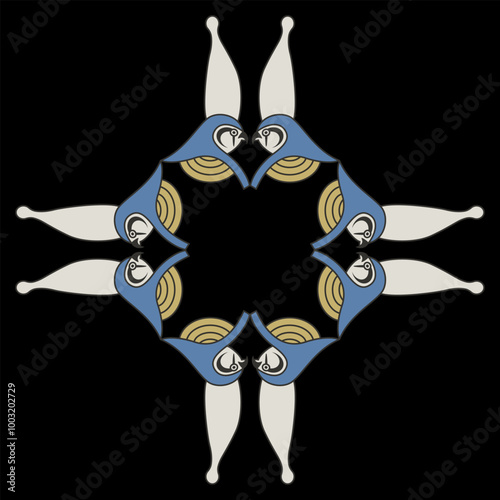 Geometrical ethnic frame with falcon heads of Ancient Egyptian god Horus wearing royal pharaoh crown.