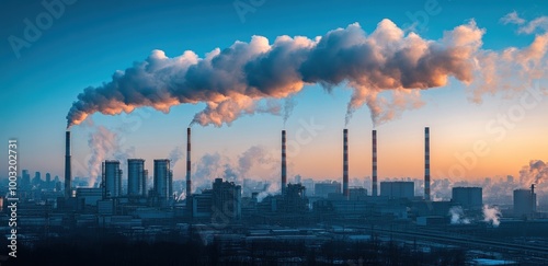 Industrial power plant with rising smoke against a blue sky showcasing environmental impact and technology