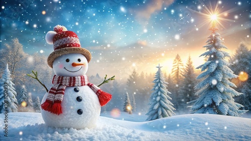 Cute smiling snowman with red scarf and hat with a broom in his hand. A winter Christmas landscape with the moon. Merry Christmas and happy New Year greeting card with copy-space