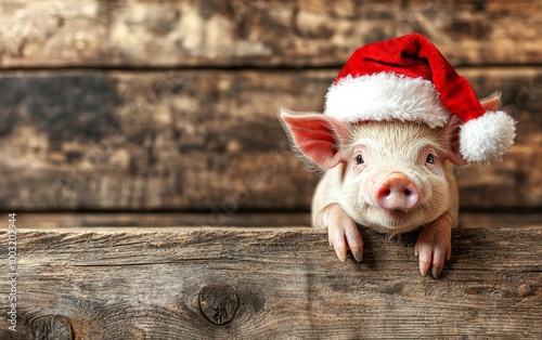 A charming piglet wearing a Santa hat peers over a wooden fence, its wide eyes capturing the festive mood with innocence and curiosity.