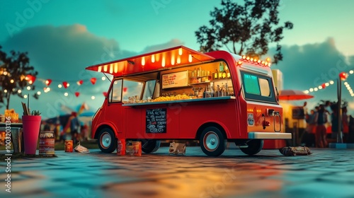 Vibrant Street Food Truck in Festive Outdoor Night Scene