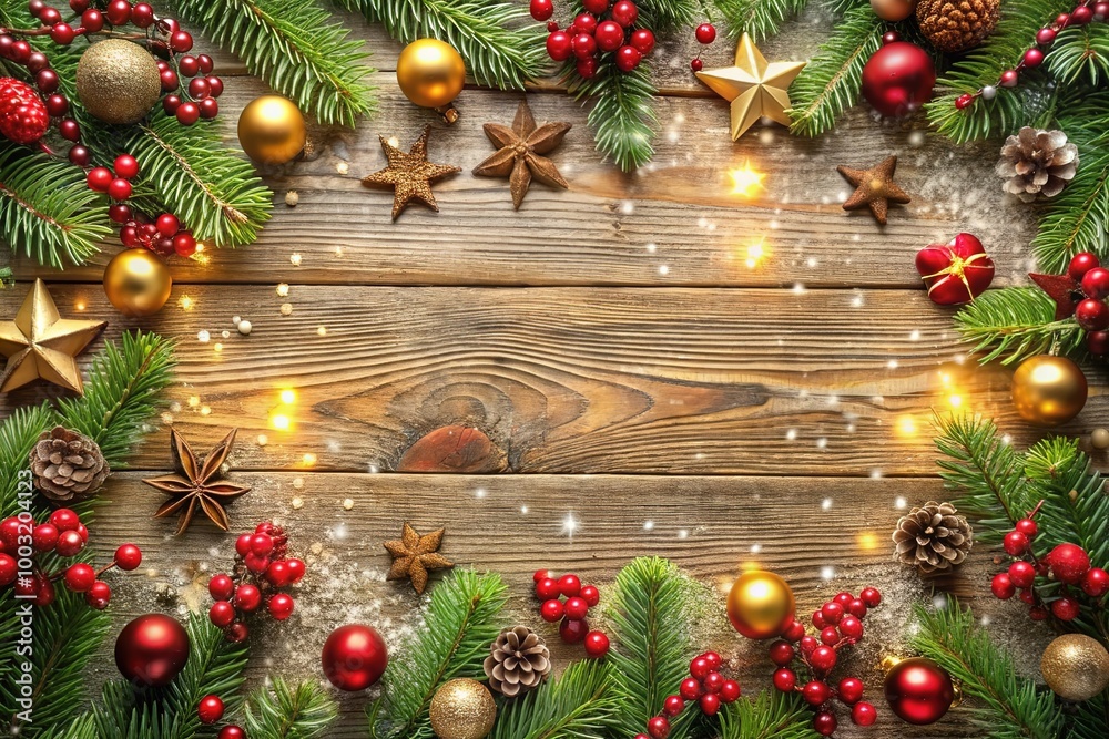 Christmas tree branches with fir-cones, gold stars and beads on wooden background. Merry Christmas and happy New Year greeting card with copy-space Christmas tree branches with fir-cones, gold stars and beads on wooden background. Merry Christmas and happy New Year greeting card with copy-space