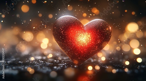 A Valentine's Day heart with a 3D effect, surrounded by soft bokeh lights and sparkles for a magical and romantic vibe