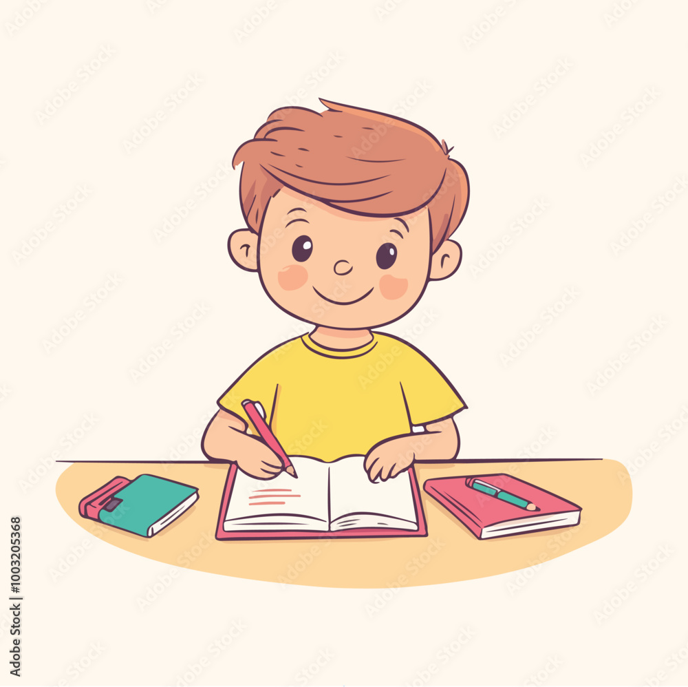 Boy Writing with a Pen Vector Flat illustration Boy Writing with a Pen Vector Flat illustration