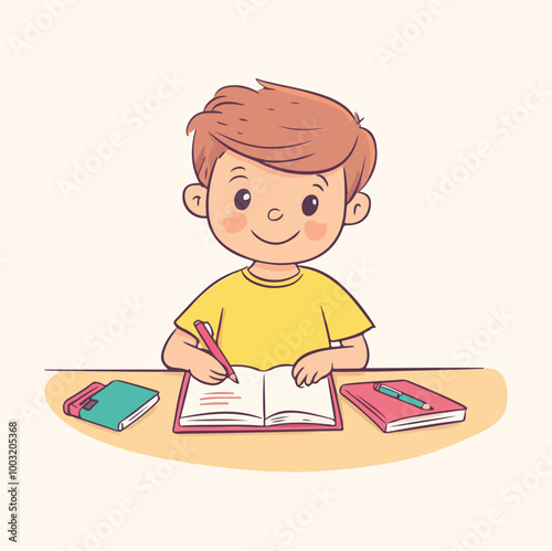 Boy Writing with a Pen Vector Flat illustration