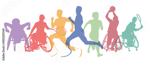 Sports.Paralympic Games.Set of disabled athletes of different sports disciplines.Horizontal colourful banner for sports schools.Concept of unlimited possibilities.Vector illustration.