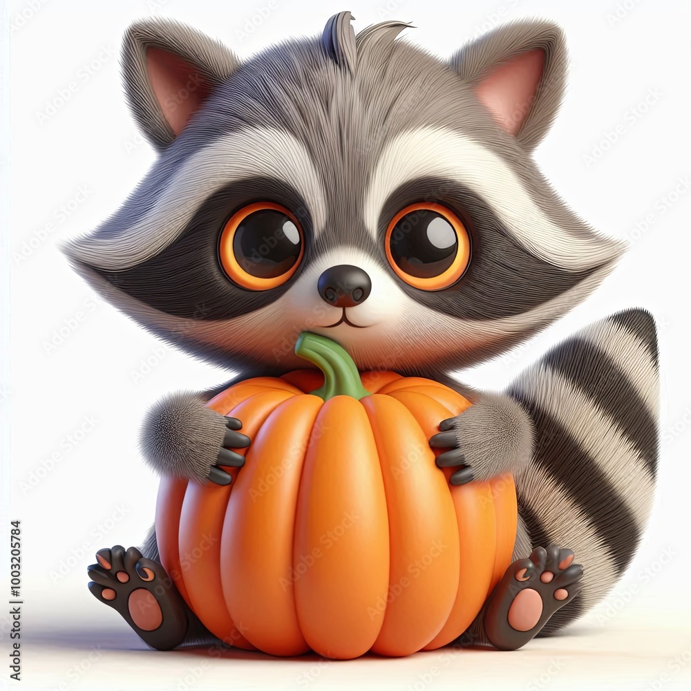 Fototapeta premium Cute Raccoon Hug Pumpkin Cartoon , 3d Generative aI