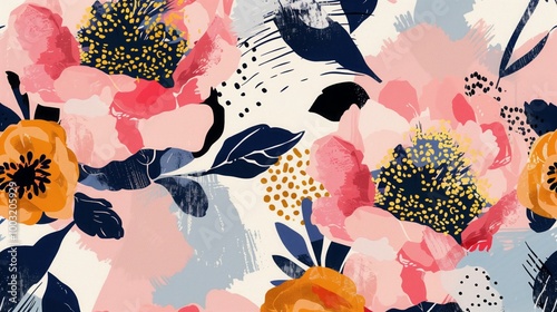 A painting of leaves with a gold and orange color scheme