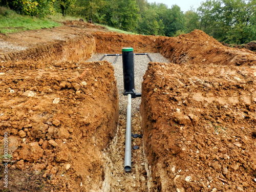 Water evacuation pipe being installed in a Sand and Gravel Filter Bed.