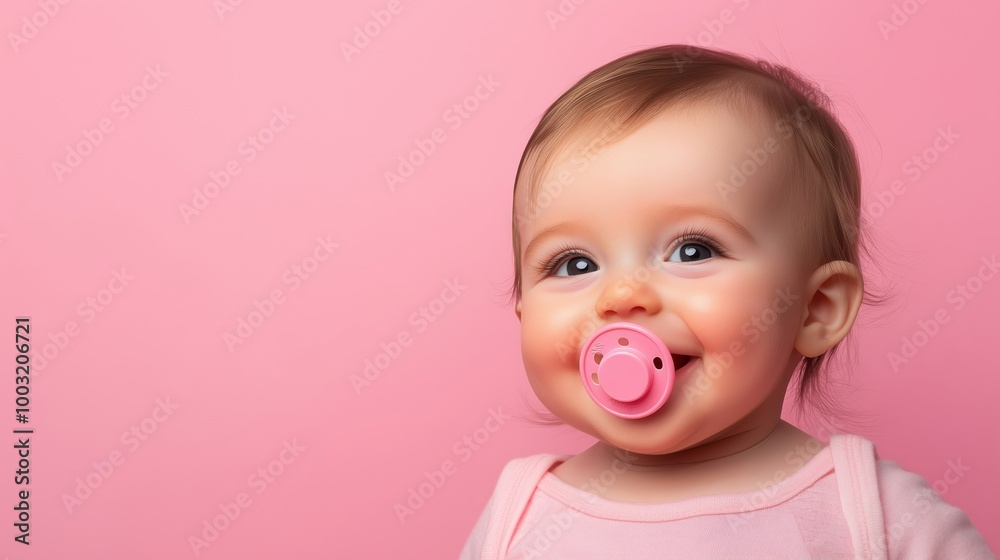 Smiling baby with pacifier, pink background, joyful expression Smiling baby with pacifier, pink background, joyful expression