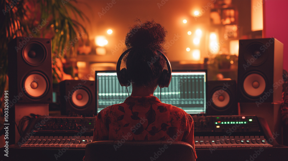 Back view photo of woman in headphones surrounded by professional audio equipment. The soft lighting and blurred bokeh effect create a warm, creative atmosphere. Back view photo of woman in headphones surrounded by professional audio equipment. The soft lighting and blurred bokeh effect create a warm, creative atmosphere.