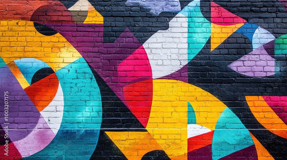 Fototapeta premium A street art mural on a brick wall, blending abstract shapes and vibrant hues, creating a striking visual impact