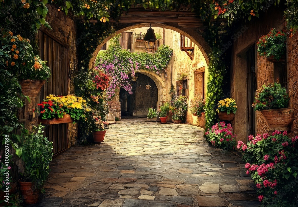 Fototapeta premium An image of an old town and street with a 3D wallpaper and mural.