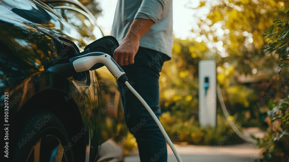 Electric vehicle charging at home, person connecting charger Electric vehicle charging at home, person connecting charger