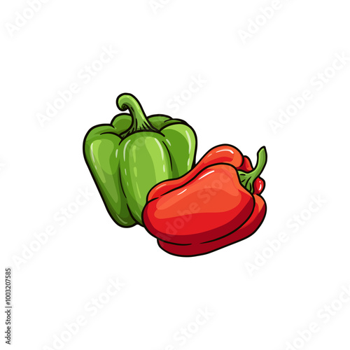 red and green peppers, bell pepper isolated on white. Bulgarian pepper sketch hand drawn style. Fresh vegetable. Vector illustration.
