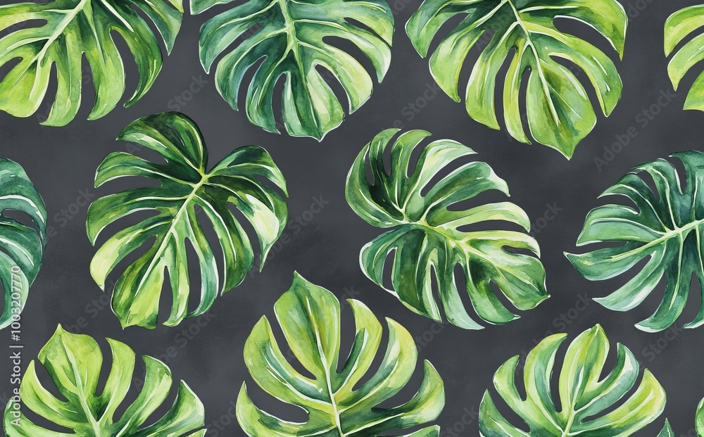 Fototapeta premium Design of large tropical leaves wallpaper. Watercolor effect. Green monochrome. Wall mural.
