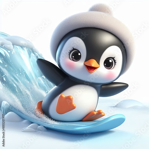 Cute Penguin sliding on ice Cartoon , 3d Generative aI
 photo