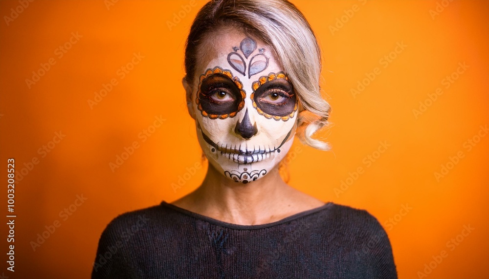 Woman with Intricate Makeup for Day of the Dead Celebration and Festive Halloween Face Paint on Vibrant orange Background Woman with Intricate Makeup for Day of the Dead Celebration and Festive Halloween Face Paint on Vibrant orange Background