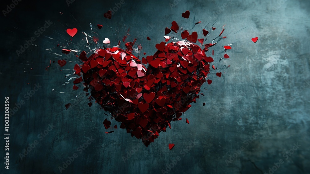A shattered red heart with fragments flying in all directions, symbolizing the pain of love lost or a broken heart A shattered red heart with fragments flying in all directions, symbolizing the pain of love lost or a broken heart
