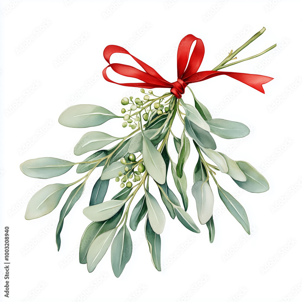 Watercolor image of mistletoe branches with a red bow