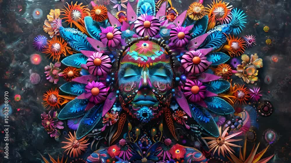 Fantastic, surreal, psychedelic deity with herbal motifs Fantastic, surreal, psychedelic deity with herbal motifs