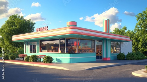 Vibrant Retro Diner Amidst Lush Greenery and Cloudscape