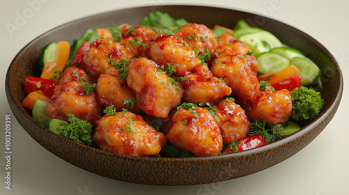 Plate of sweet and sour chicken with colorful vegetables, garnished with fresh herbs, served in a dark bowl