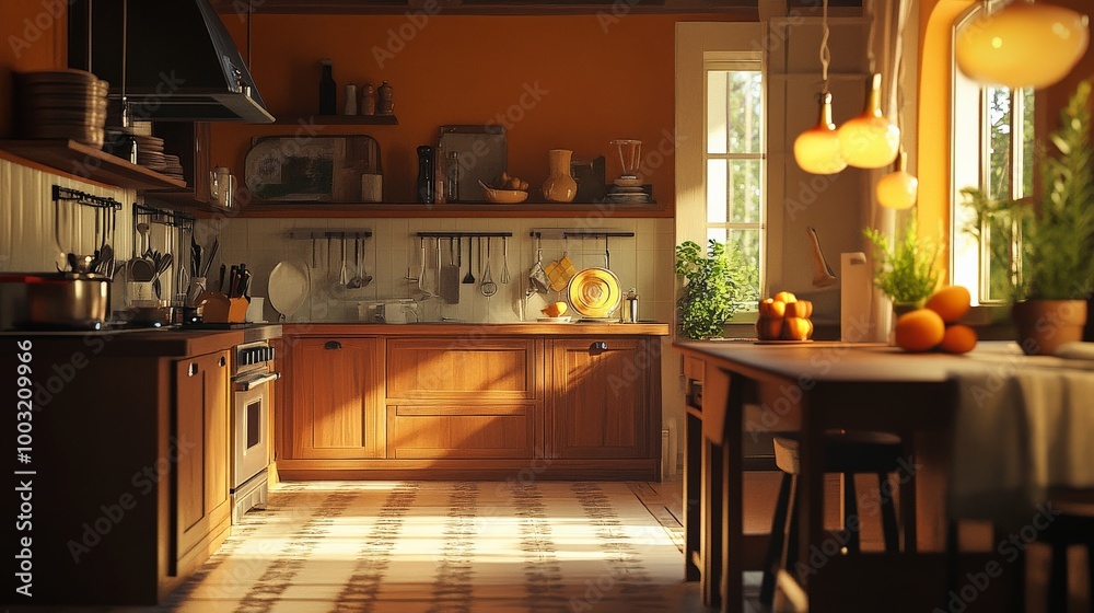 Cozy and Inviting Country-Style Kitchen with Warm Lighting Cozy and Inviting Country-Style Kitchen with Warm Lighting