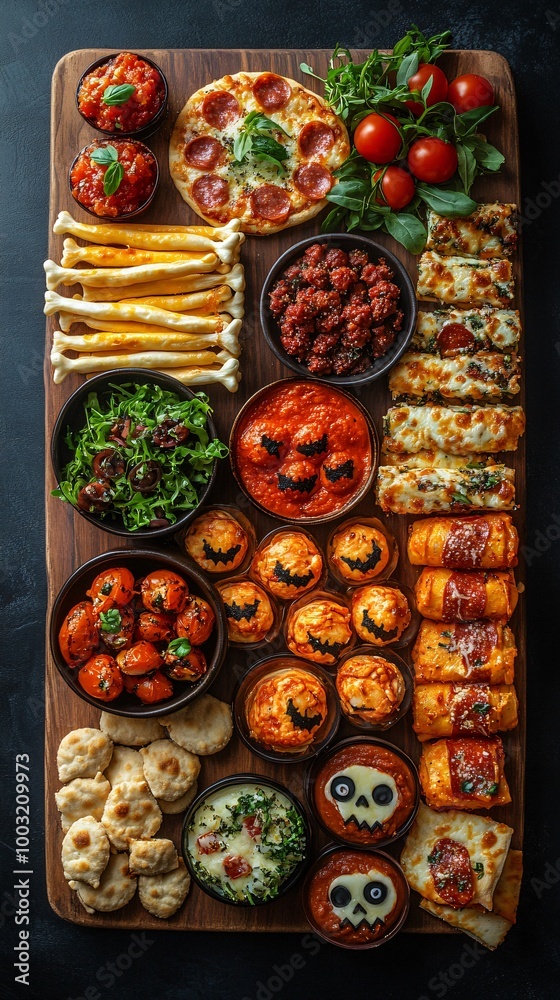 Fototapeta premium Top view of Halloween table with food.