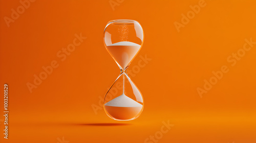 A bright orange background with a floating hourglass in the middle, sand pouring slowly. Hourglass on an orange background.



