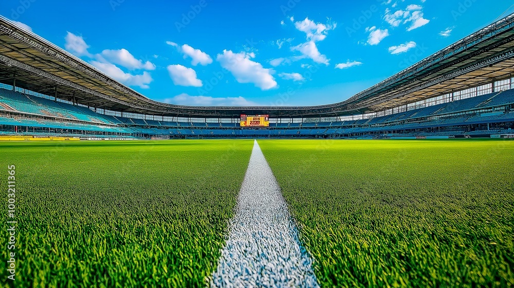 Fototapeta premium empty football field with green grass and blue sky