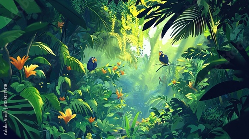 A playful 2D animation cartoon featuring animals in a jungle setting, with vibrant foliage and energetic movement