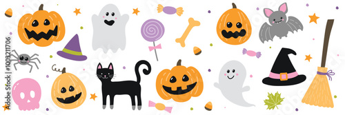 Set with cute icons for Halloween. Vector illustration