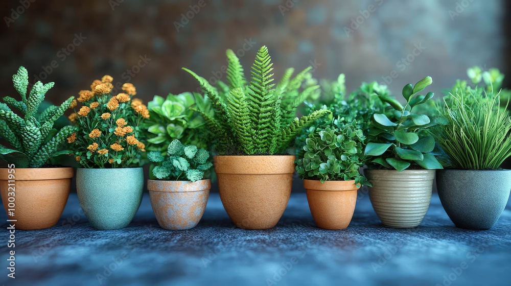 A row of vibrant potted plants in different colored pots, showcasing nature's beauty and variety in home gardening and plant care A row of vibrant potted plants in different colored pots, showcasing nature's beauty and variety in home gardening and plant care