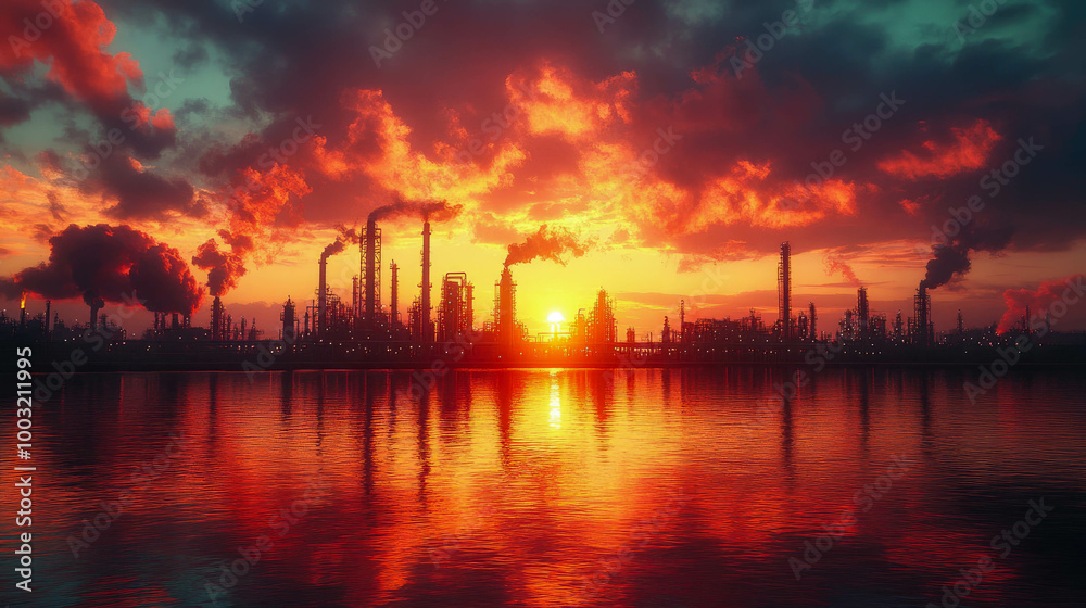 A dramatic sunset behind an industrial plant with smoke rising, reflecting on the calm water below A dramatic sunset behind an industrial plant with smoke rising, reflecting on the calm water below