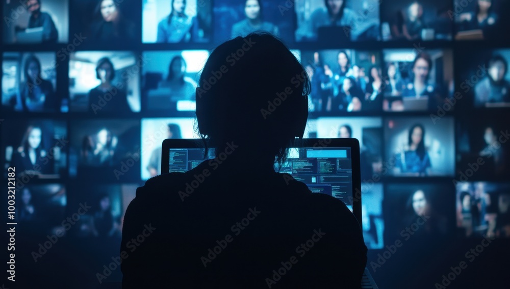 A person sitting in front of their laptop, looking at multiple video conference screens with people on them Generative AI A person sitting in front of their laptop, looking at multiple video conference screens with people on them Generative AI
