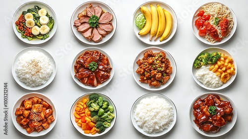 Variety of Chinese food dishes arranged on white plates. Flat lay food photography with Chinese cuisine.