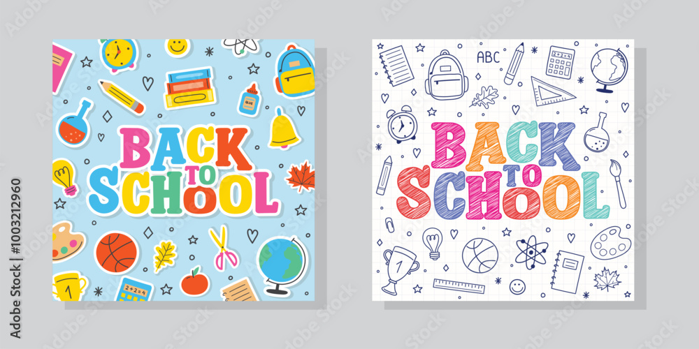 Collection of Back to School backgrounds with cartoon stationery. Vector illustration Collection of Back to School backgrounds with cartoon stationery. Vector illustration