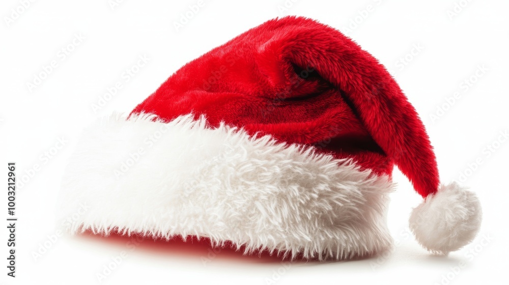 Festive red Santa hat with a white fluffy trim placed neatly on a white background Festive red Santa hat with a white fluffy trim placed neatly on a white background