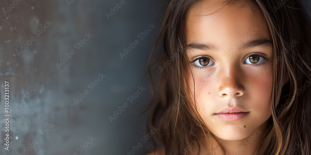 A young girl with deep brown eyes and soft freckles stares calmly at the camera, framed by a dim background, exuding innocence and beauty