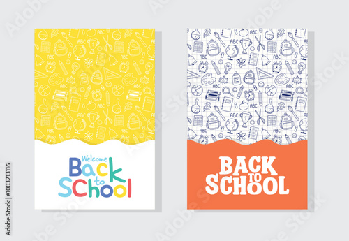 Collection of Back to School backgrounds with cartoon stationery. Vector illustration