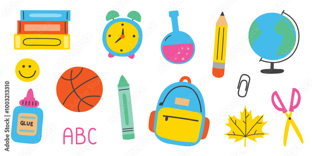 Collection of a school icons. Cartoon stationery elements. Vector illustration Collection of a school icons. Cartoon stationery elements. Vector illustration