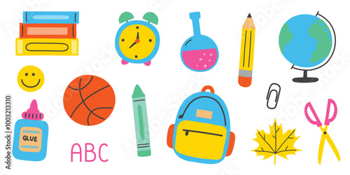 Collection of a school icons. Cartoon stationery elements. Vector illustration