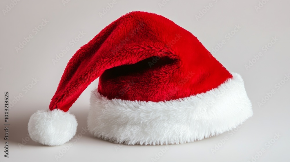 Festive red Santa hat with a white fluffy trim placed neatly on a white background Festive red Santa hat with a white fluffy trim placed neatly on a white background