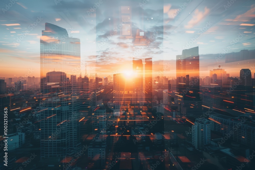 Obraz premium A city skyline with a sun shining on it, generative ai image